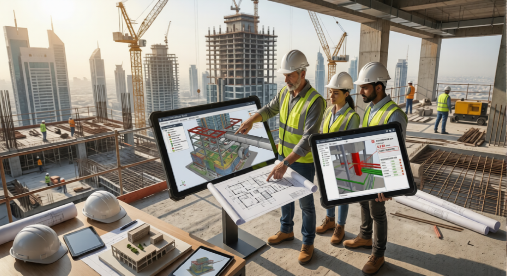 Construction team coordinating installation using BIM models.