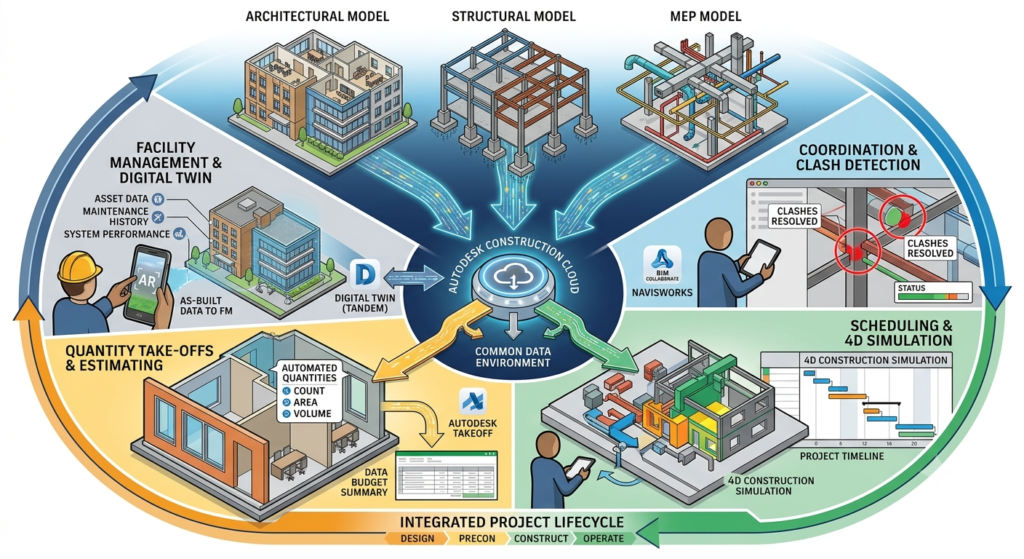 Integrated BIM workflow showing architecture, structure, and MEP coordination.