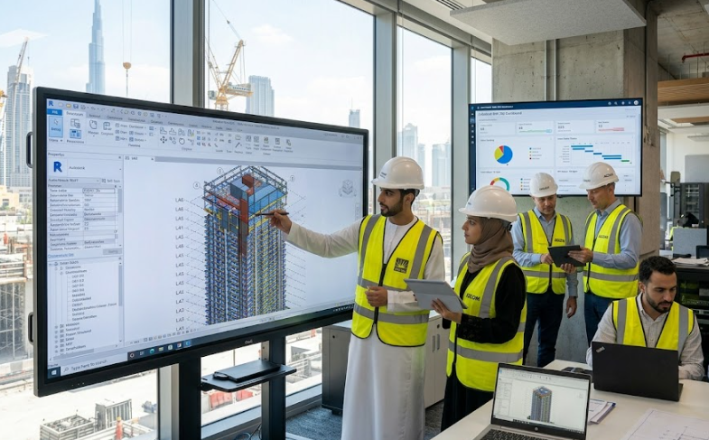 Construction professionals collaborating using BIM software.