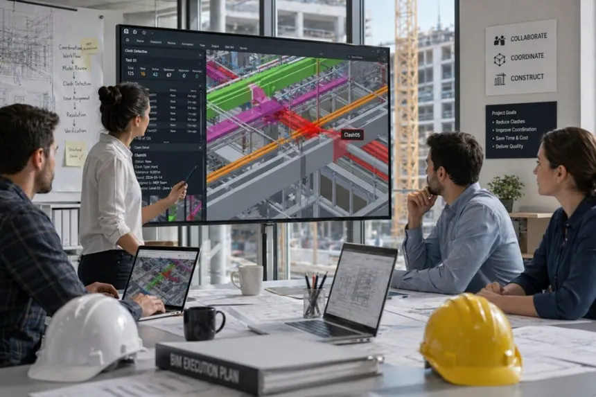 BIM coordination workflow using Revit, Navisworks, and ACC.
