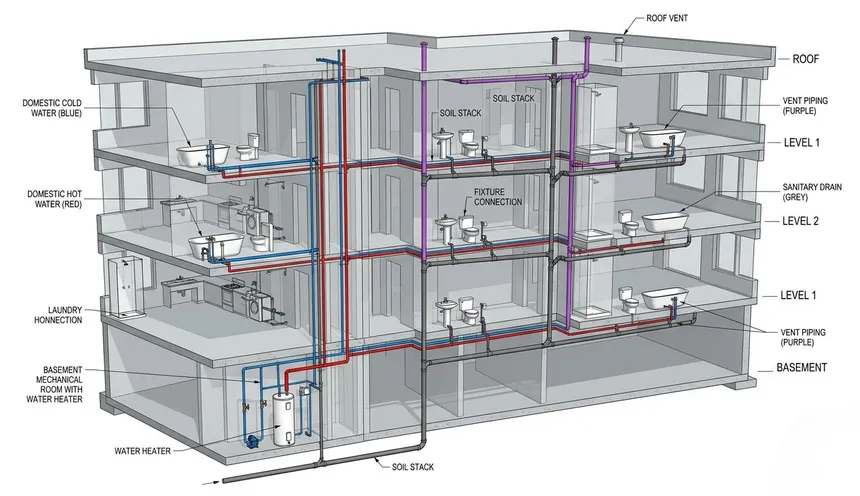 Coordinated architectural, structural, and MEP BIM model improving construction efficiency.