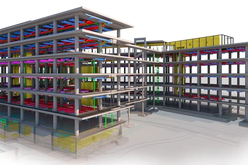 Integrated architectural, structural, and MEP BIM models for a large construction project.