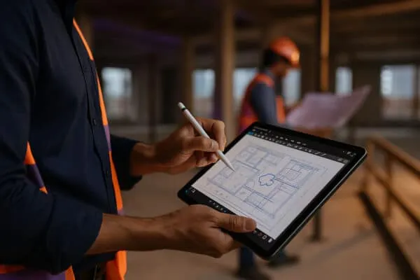 Construction professionals using BIM models for on-site coordination.