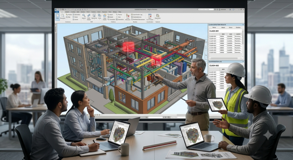 BIM clash detection identifying conflicts before construction.
